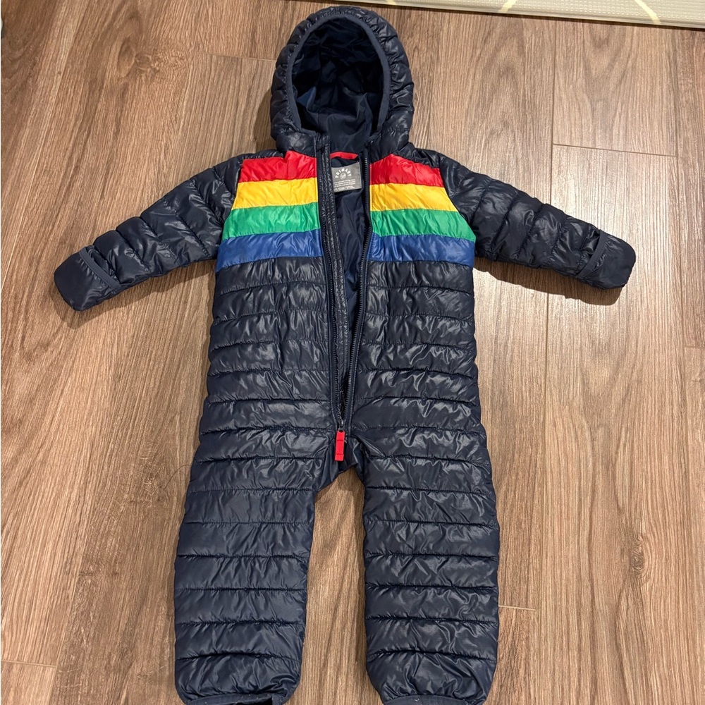 Primary Kids Puffer Jacket - Navy with Rainbow Stripes